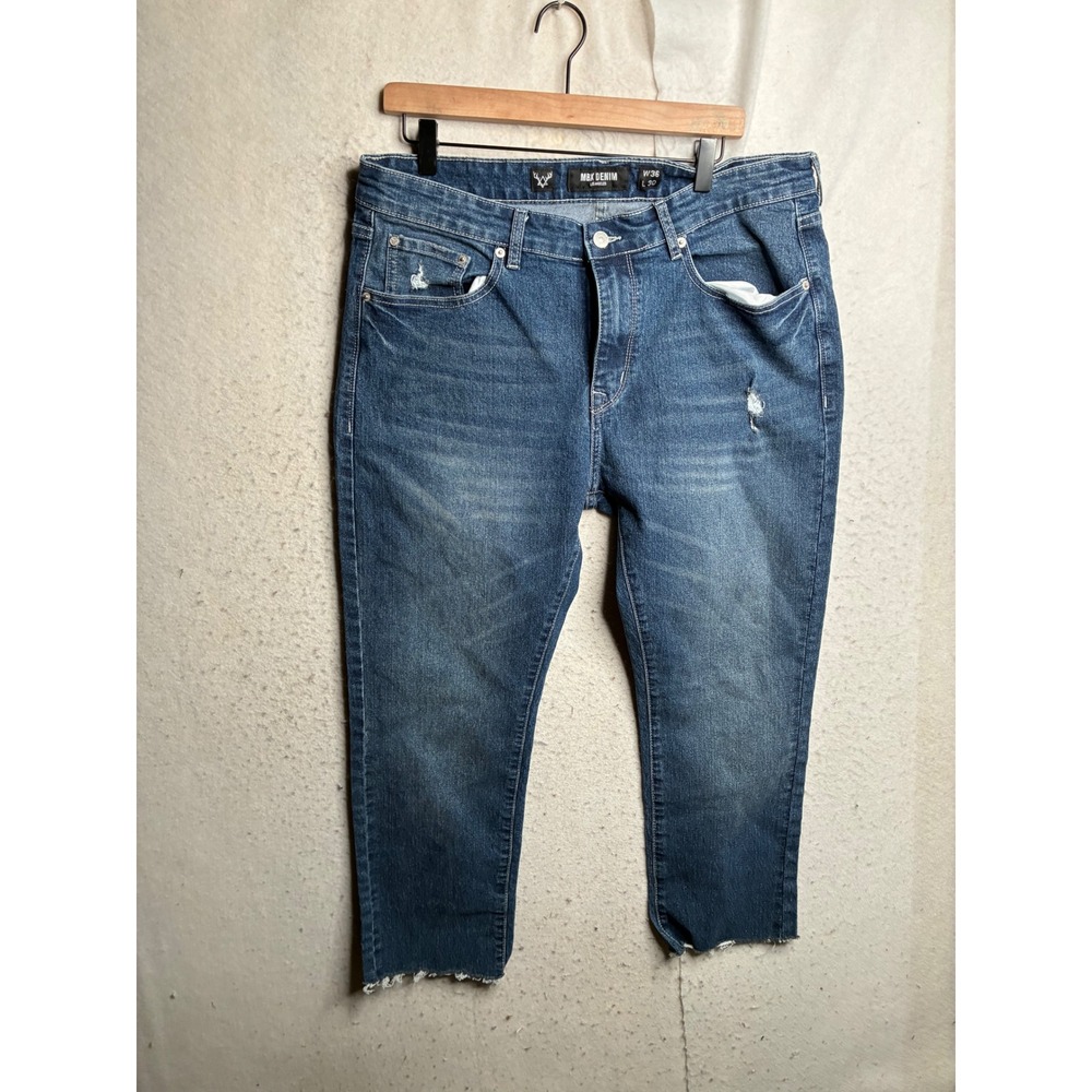 MNX Denim Los Angeles Mens 36x30 Distressed Blue Tapered Raw Hem Jeans
